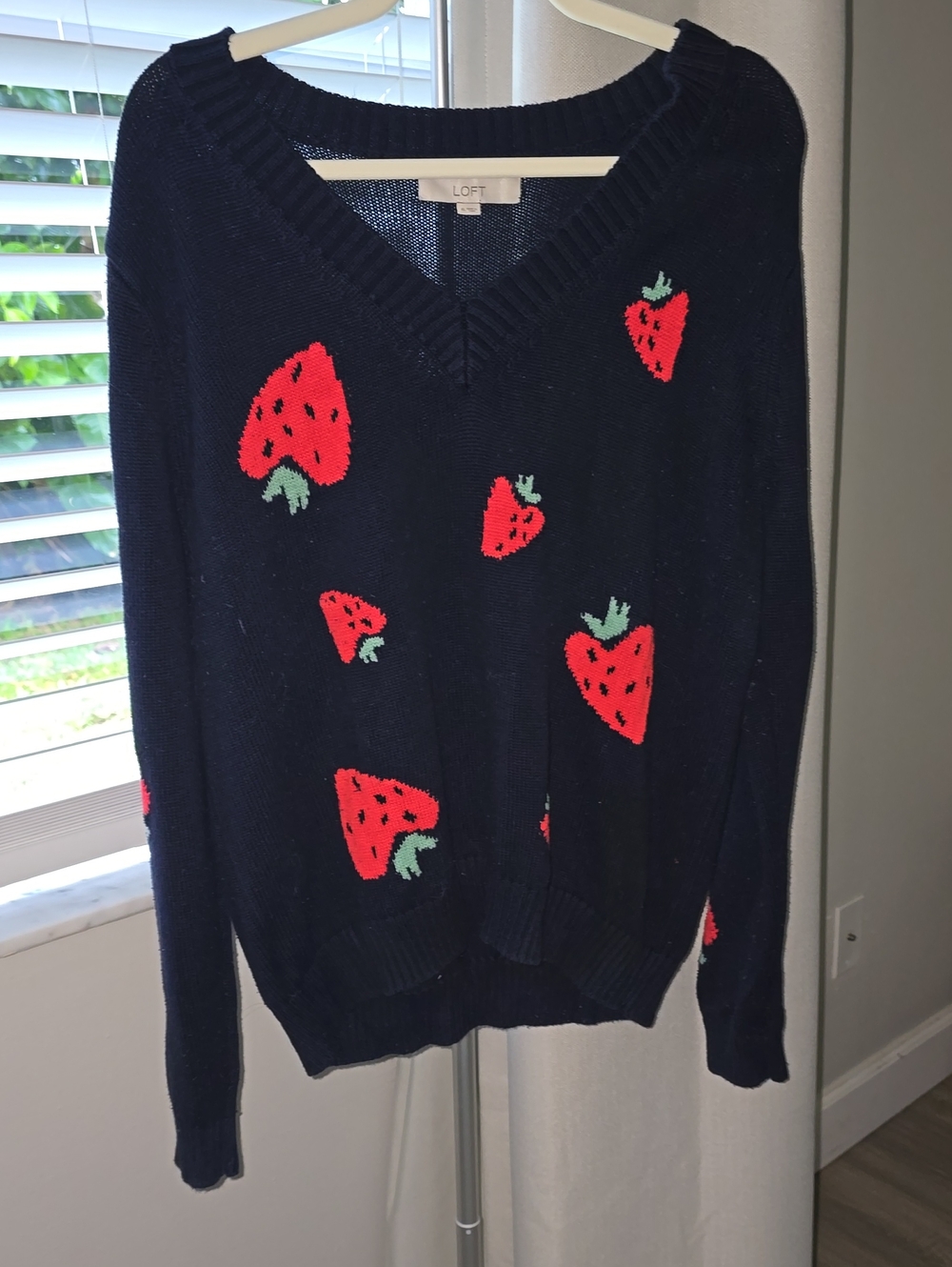 LOFT Navy Sweater with Red Strawberry Motif